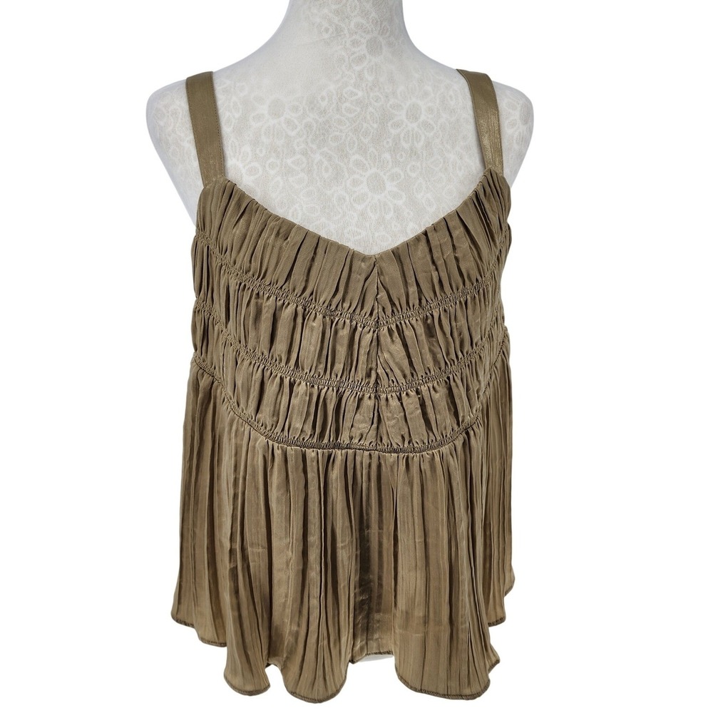 DKNY Pale Moss Pleated Smocked Camisole Top Metallic Green Womens XL NEW